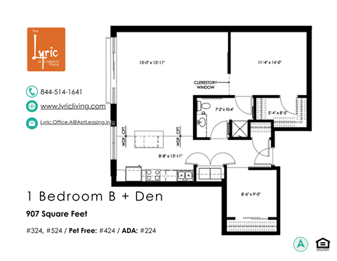 a floor plan of 1 bedroom b + den